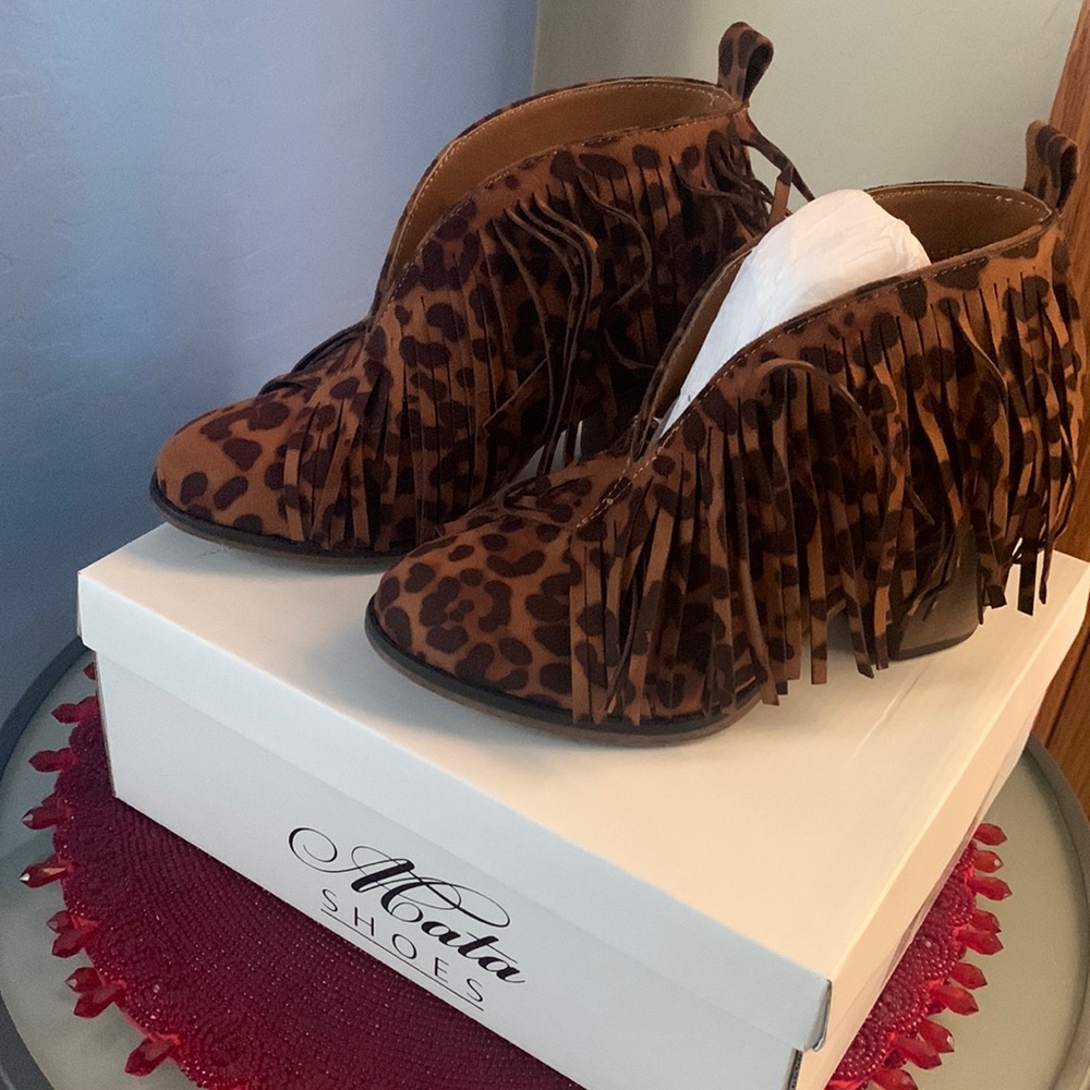 Maya Leopard Fringe Ankle Boots